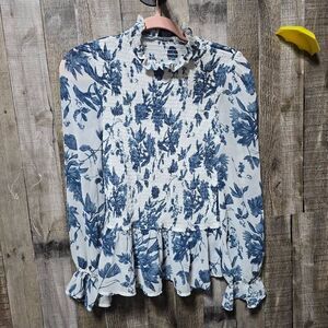 AliceBlue White and Blue Smocked Floral Ruffle Blouse